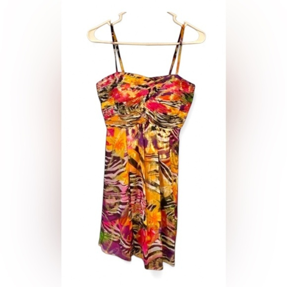 OLEG CASSINI Metallic floral dress 100% Silk Spaghetti Strap MultiColor Size 2